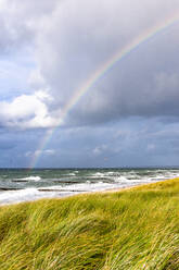 Germany, Mecklenburg-Vorpommern, Grassy beach with rainbow arching against cloudy sky over sea in background - EGBF00996