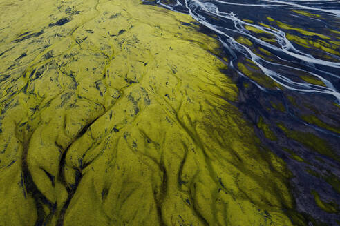 Aerial view of a moss-covered river basin in Iceland, showcasing the intertwining of water and vibrant green landscapes - ADSF51095