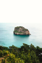 From above of green trees growing on hill near endless ocean with rocky island in Pais Vasco Spain - ADSF51353