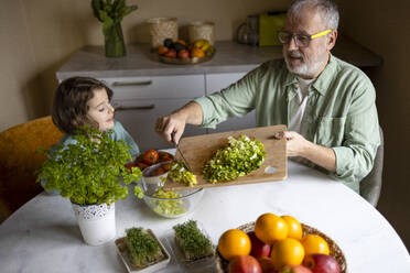 High angle view of elderly grandfather wearing eyeglasses and putting lettuce in bowl while making salad with granddaughter at home - ADSF51602