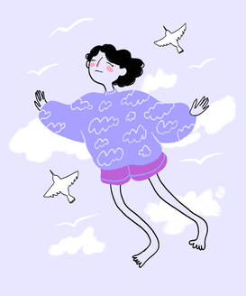 Full body illustration of happy woman with eyes closed flying by white birds in cloudy sky - ADSF51635