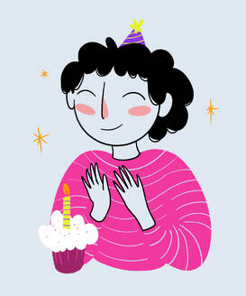 Illustration of happy woman applauding in front of cupcake celebrating birthday against white background - ADSF51636