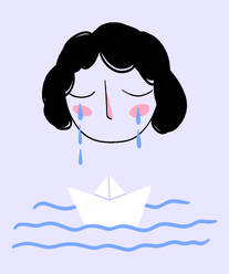 Illustration of depressed woman crying while paper boat floating on waves in ocean over purple background - ADSF51637