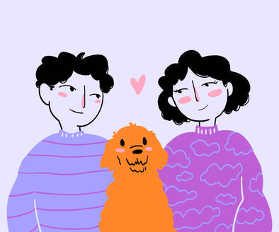 Illustration of happy romantic couple with orange pet dog isolated against white background - ADSF51638
