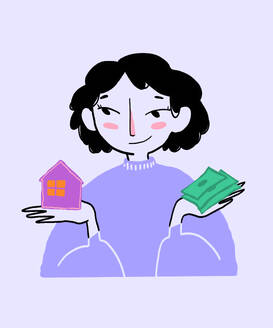 Illustration of smiling woman in purple casual with money and house isolated over white background - ADSF51640