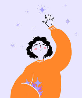 Illustration of happy woman catching sparkling stars in galaxy over white background - ADSF51645