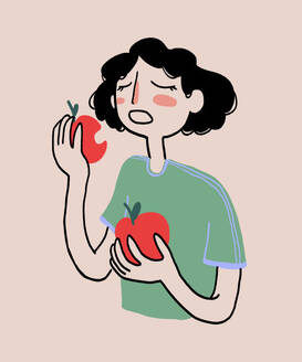 Illustration of female with curly black hair in green t shirt biting delicious apple and holding another one against beige background - ADSF51647