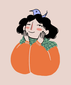 Illustration of smiling female with black curly hair in orange sweater and checkered green scarf touching face and looking up at blue bird on head against beige background - ADSF51648