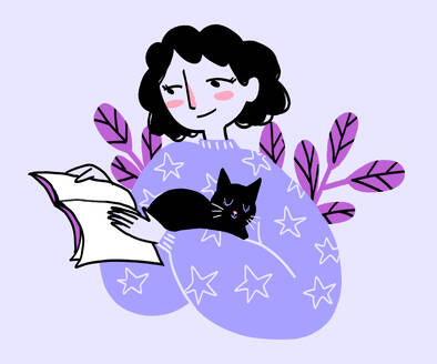 Illustration of female with black curly hair in blue sweater with stars carrying cat while reading interesting novel on purple background - ADSF51652