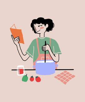 Illustration of female in apron stirring food in pot while cooking in kitchen and reading recipe book against beige background - ADSF51653