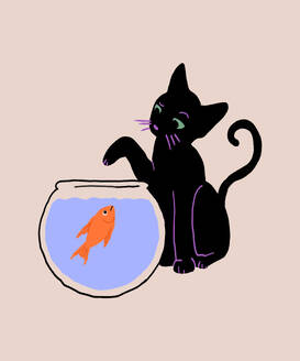 Illustration of playful black cat putting paw into aquarium with blue water and goldfish against beige background - ADSF51656