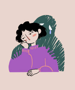 Illustration of sad female with black wavy hair in purple sweater leaning on hand while invisible creature crying and hugging from behind on beige background - ADSF51657
