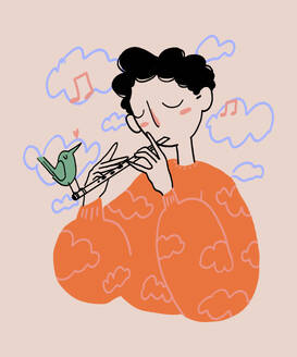 Illustration of short curly haired male musician in orange sweater playing melody on flute near small bird with music symbols against clouds on beige background - ADSF51658