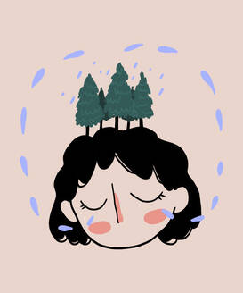 Illustration of female with wavy black hair and spruces on top of head crying and pouring woods against beige background - ADSF51661