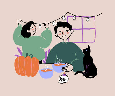 Illustration of woman hanging spooky ghost garland above window while man sitting near black cat and pumpkin drinking hot beverage during Halloween holiday - ADSF51663