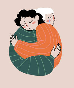 Illustration of female in striped sweater hugging sad girlfriend crying while having problems on beige background concept of friendship support and empathy - ADSF51665