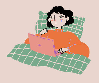 Illustration of upset female in orange sweater lying in bed with checkered linen watching dramatic film and crying against beige background - ADSF51667