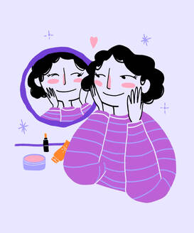 Illustration of smiling female with black wavy hair in striped purple sweater touching face while using skincare products and looking in mirror - ADSF51669