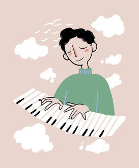 Illustration of smiling male in green sweater playing synthesizer against white clouds and flock of birds on beige background - ADSF51671