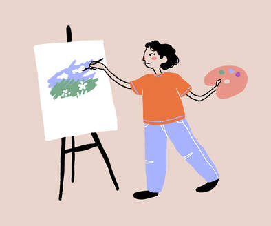 Illustration of happy talented female artist holding palette while painting picture on canvas placed on easel against beige background imagination and inspiration concept - ADSF51672