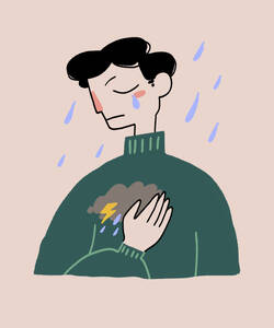 Illustration of sad male in green sweater standing under rain and crying while touching chest with cloud and lightning symbol sorrow and grief concept - ADSF51674