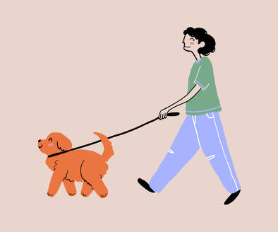 Illustration of cheerful female with black wavy hair strolling on street with orange dog on leash against beige background - ADSF51680