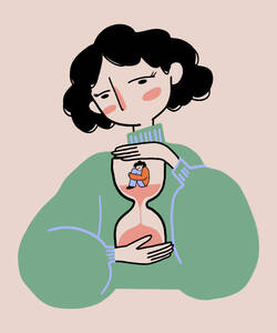 Illustration of female in green sweater holding hourglass with stressed person inside embracing knees against beige background concept of time loss pressure and depression - ADSF51681