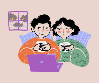 Illustration of man and amazed woman sitting on bed with striped pillows against window during rain and thunderstorm while watching film via laptop - ADSF51682