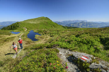 Österreich, Tirol, Wildschönau, Mann und Frau wandern auf dem Wildschonauer Hohenweg im Sommer - ANSF00692