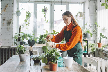 Smiling botanist watering plants in store - OLRF00012