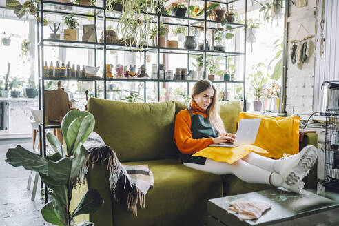 Botanikerin benutzt Laptop auf Sofa in der Nähe von Pflanzen im Geschäft - OLRF00065