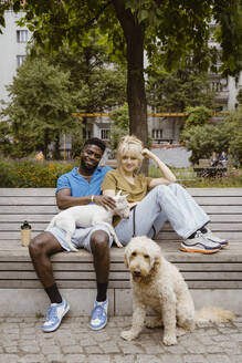 Portrait of smiling man and woman sitting with dogs on bench in public park - MASF41425