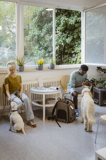 Man and woman sitting on chairs while waiting with dogs in animal hospital - MASF41473