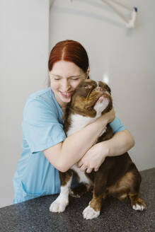 Smiling female nurse embracing bulldog on examination table in clinic - MASF41494