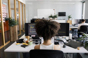 Rear view of female computer programmer sitting at desk in office - MASF41694