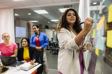 Female entrepreneur explaining colleagues while writing on glass wall at office - MASF41976