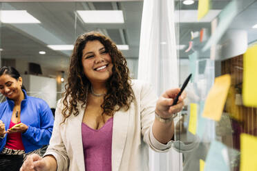 Smiling female business professional pointing at glass wall while doing brainstorming with colleague at office - MASF41978