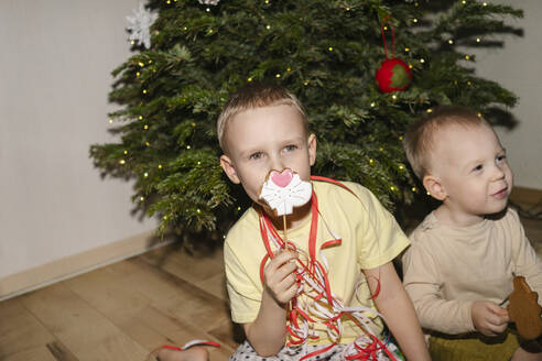 Boy holding Christmas cookie and sitting with brother at home - SEAF02162