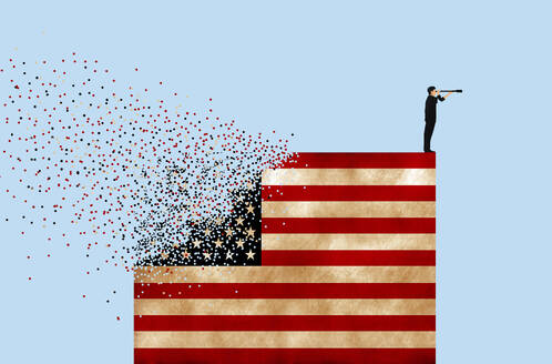 Man standing on destructing American flag and looking through telescope against blue background - GWAF00439