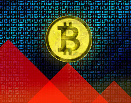 Bitcoin auf dem roten Dreieck vor den Binärcodes - GWAF00442