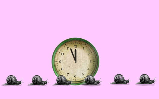 Snails crawling near clock against pink background - GWAF00443