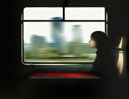 Thoughtful woman traveling in train - GWAF00452