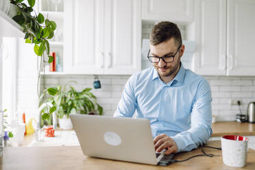 Freiberufler arbeitet am Laptop am Tisch in der Küche - OLRF00073