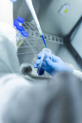 Wissenschaftler, der mit einer Pipette eine blaue Flüssigkeit aus einem Reagenzglas im Labor entnimmt - PCLF00889