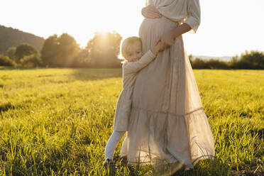 Liebevolle schwangere Mutter hält die Hand ihrer Tochter auf einem Feld - NDEF01512