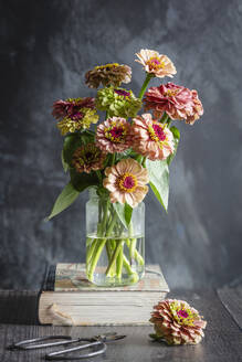 Queeny lime red zinnias in jar standing on book - EVGF04435