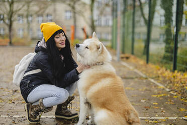 Happy beautiful woman petting Akita dog at autumn park - JCCMF11072