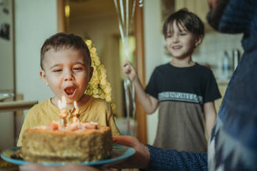 Junge bläst Kerzen auf Geburtstagskuchen zu Hause aus - ANAF02630