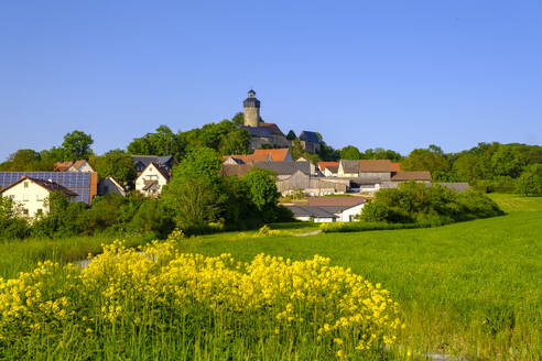 Germany, Bavaria, Wonsees, Wildflowers blooming in front of rural village - LBF03874