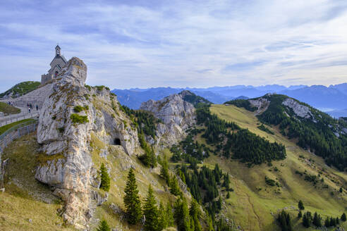 Germany, Bavaria, Wendelstein, Wendelstein Church and surrounding mountains - LBF03883